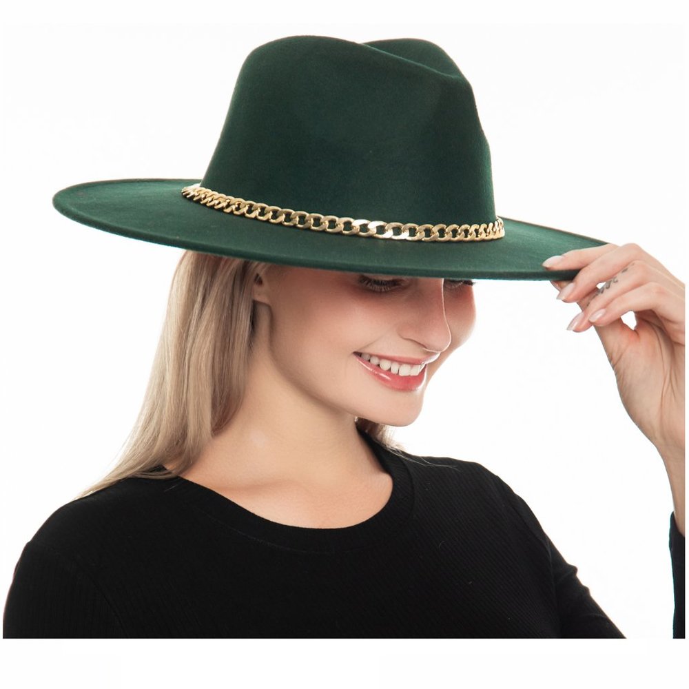 Wide Brim Felt Hat Red Bottom with Gold Chain Band Vintage Style
